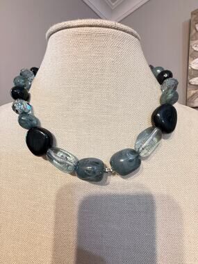 Vintage Blue Green Lucite Bead Necklace 16”